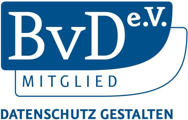Blaues BvD e.V.-Logo mit Schriftzug ‚Datenschutz gestalten‘ – Mitglied im Datenschutzverband
