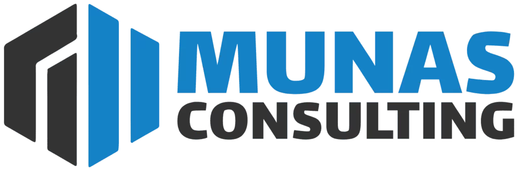 MUNAS Consulting Logo mit blau-schwarzem abstraktem Symbol für Struktur und Stabilität